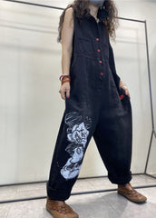 Stylish Black Peter Pan Collar Print Button Denim Jumpsuits