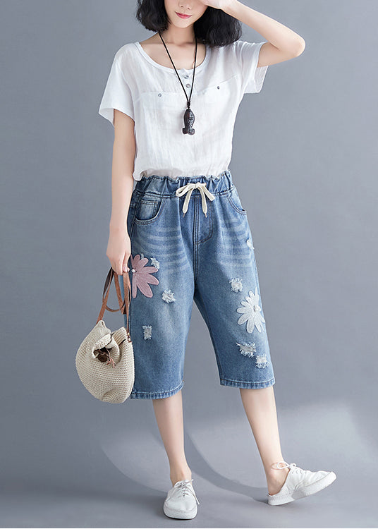 Stylish Blue Embroideried Denim Ripped Jeans