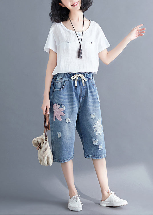 Stylish Blue Embroideried Denim Ripped Jeans