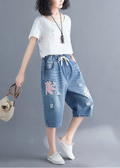 Stylish Blue Embroideried Denim Ripped Jeans