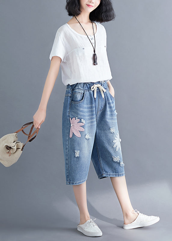 Stylish Blue Embroideried Denim Ripped Jeans