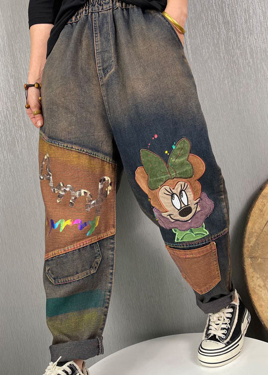 Stylish Blue Embroideried Patchwork denim Pants