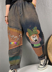 Stylish Blue Embroideried Patchwork denim Pants