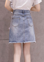 Stylish Blue Floral Patchwork High Waist Nail Bead Denim Skirt