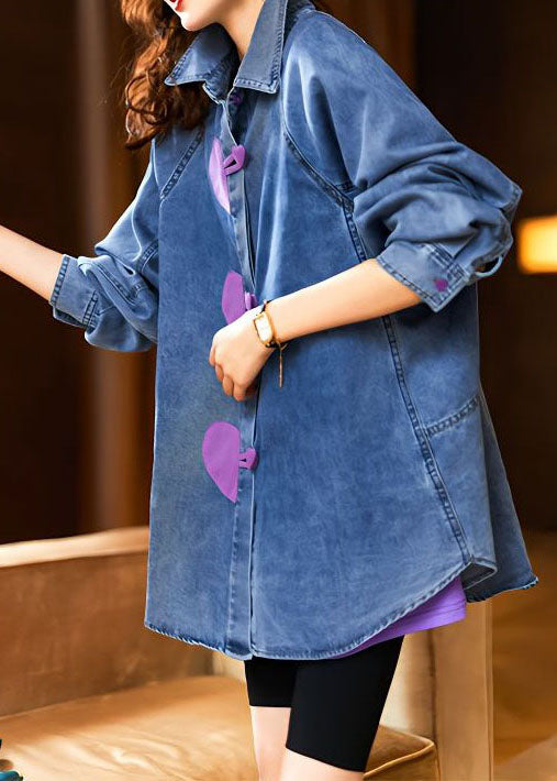 Stylish Blue Heart Button Patchwork Denim Shirts Tops