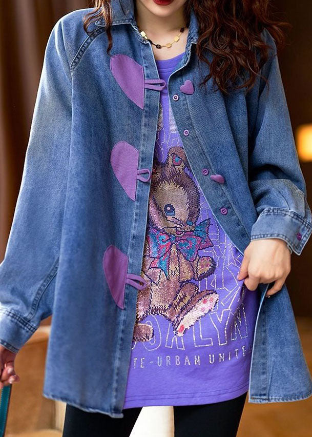 Stylish Blue Heart Button Patchwork Denim Shirts Tops