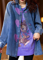 Stylish Blue Heart Button Patchwork Denim Shirts Tops