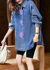 Stylish Blue Heart Button Patchwork Denim Shirts Tops