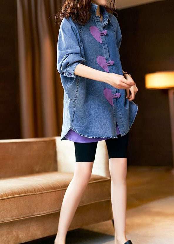 Stylish Blue Heart Button Patchwork Denim Shirts Tops