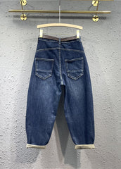 Stylish Blue High Waist Pockets Patchwork Denim Pants Autumn