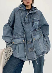 Stylish Blue Hooded Pockets Drawstring Patchwork Denim Top Fall