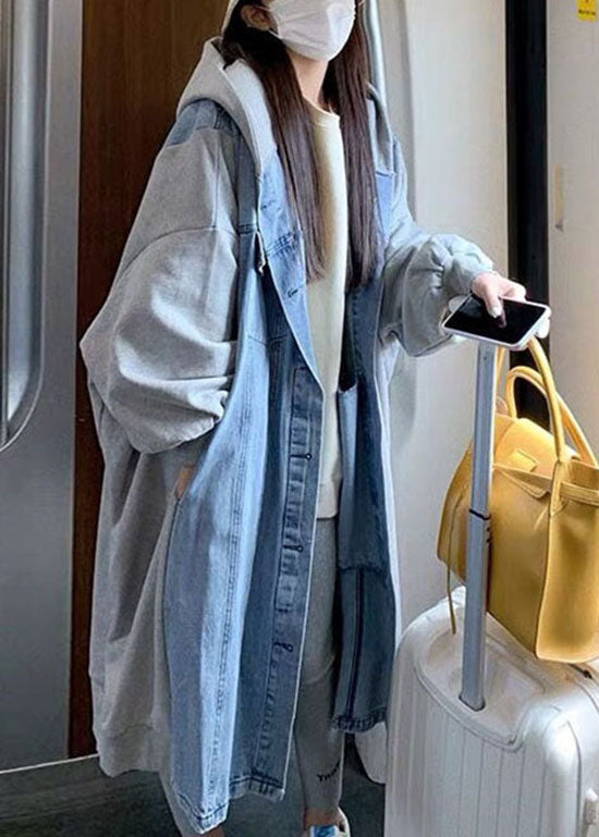 Stylish Blue Hooded denim Patchwork Cotton Long Coat