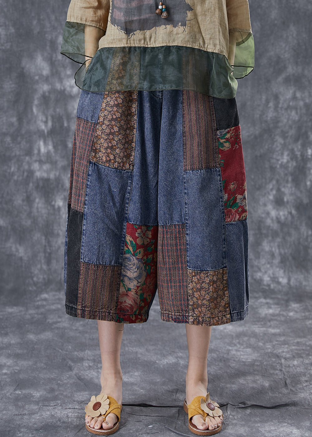 Stylish Blue Oversized Patchwork Denim Crop Pants