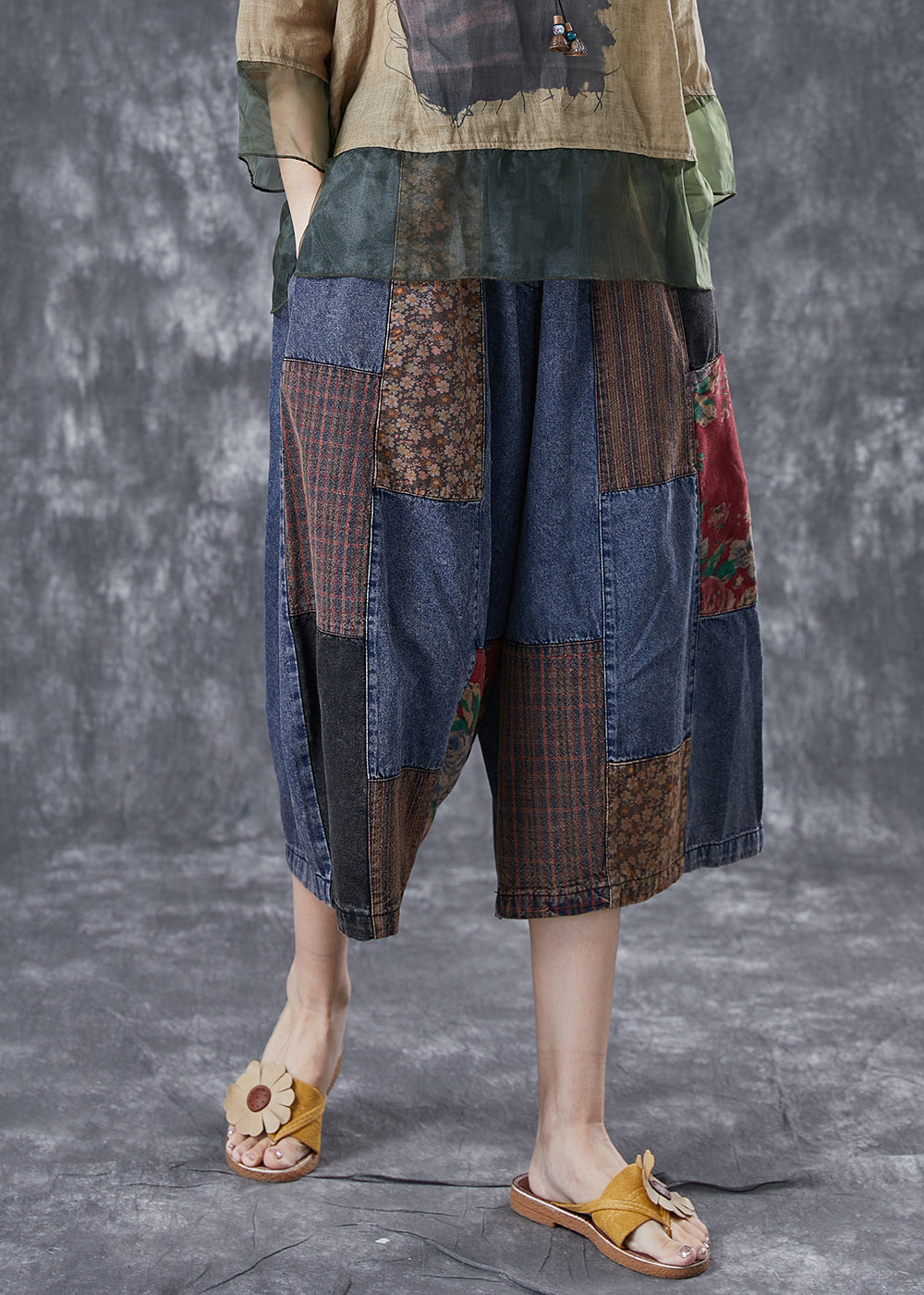 Stylish Blue Oversized Patchwork Denim Crop Pants