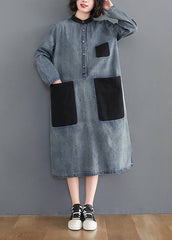 Stylish Blue Oversized Patchwork Pockets Cotton Denim Dresses