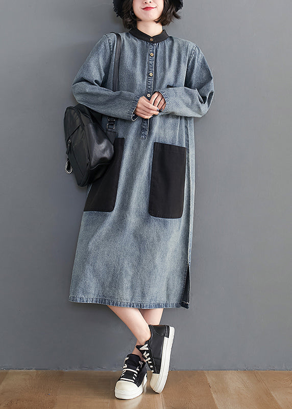 Stylish Blue Oversized Patchwork Pockets Cotton Denim Dresses