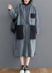 Stylish Blue Oversized Patchwork Pockets Cotton Denim Dresses