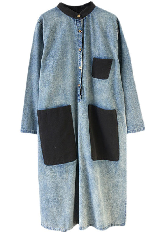 Stylish Blue Oversized Patchwork Pockets Cotton Denim Dresses