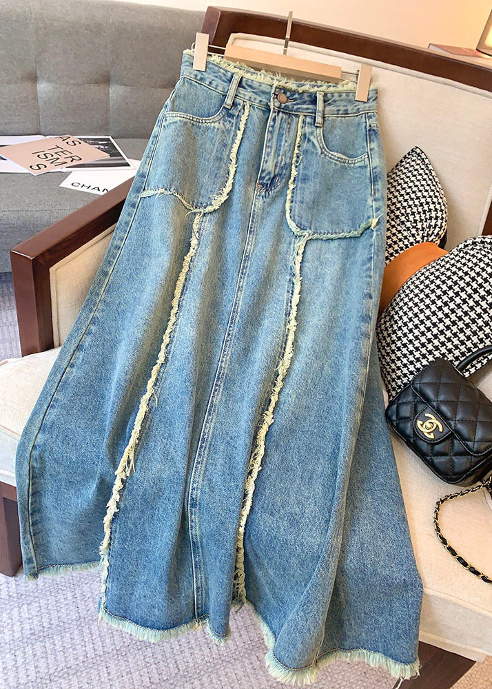 Stylish Blue Pockets High Waist Patchwork Denim Skirts