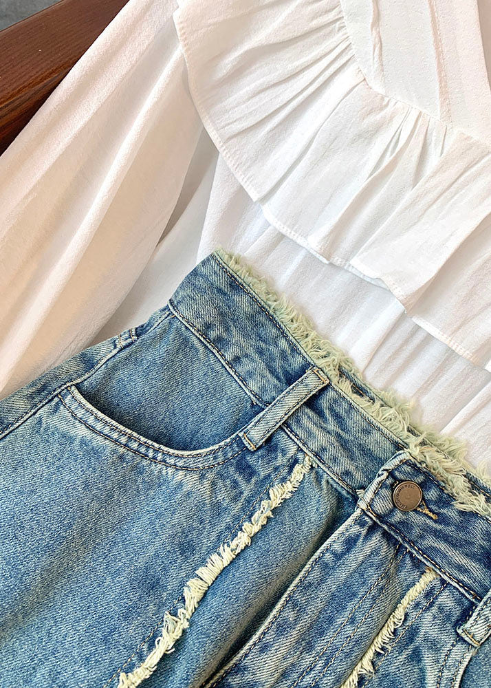 Stylish Blue Pockets High Waist Patchwork Denim Skirts