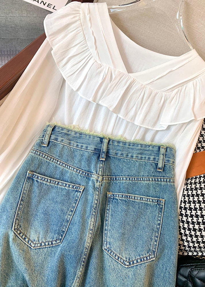 Stylish Blue Pockets High Waist Patchwork Denim Skirts