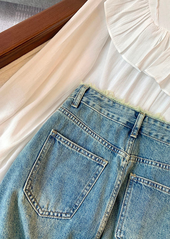 Stylish Blue Pockets High Waist Patchwork Denim Skirts