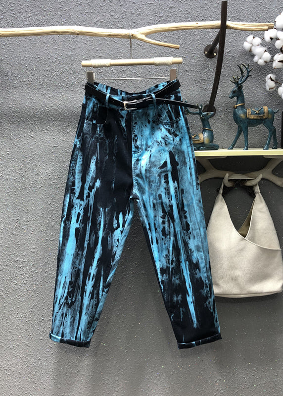 Stilvolle Blaue Tie Dye Taschen Patchwork Denim Hose Herbst