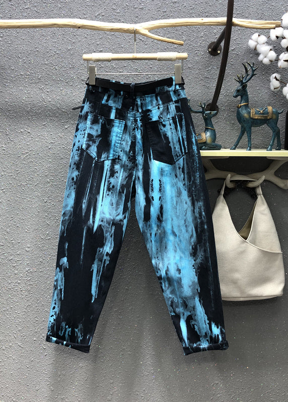 Stilvolle Blaue Tie Dye Taschen Patchwork Denim Hose Herbst