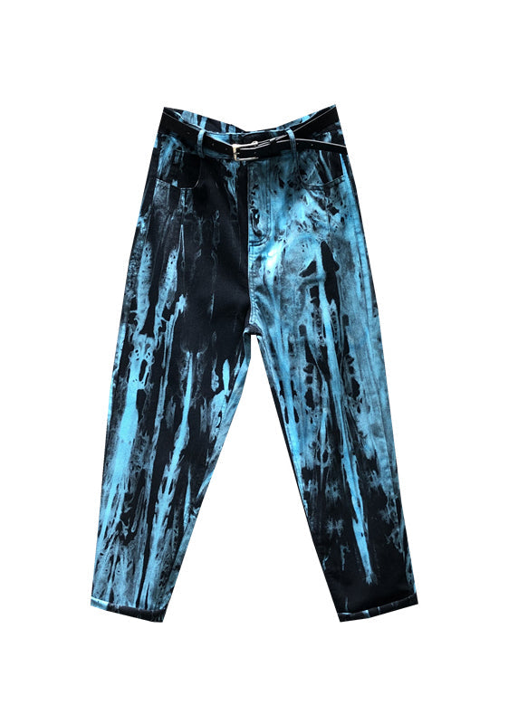 Stilvolle Blaue Tie Dye Taschen Patchwork Denim Hose Herbst