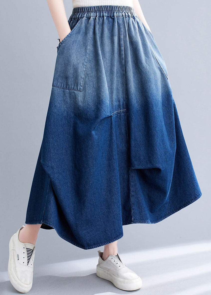 Stylish Blue Wrinkled Asymmetrical Pockets Patchwork Denim Skirts