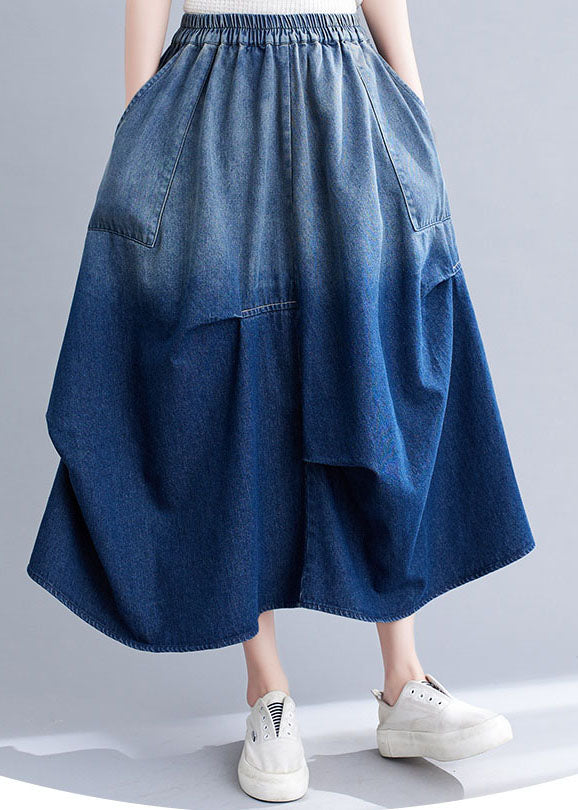 Stylish Blue Wrinkled Asymmetrical Pockets Patchwork Denim Skirts