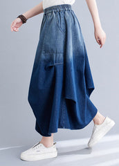 Stylish Blue Wrinkled Asymmetrical Pockets Patchwork Denim Skirts