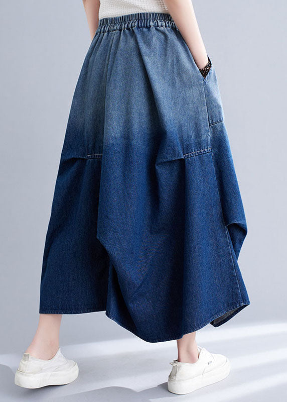 Stylish Blue Wrinkled Asymmetrical Pockets Patchwork Denim Skirts