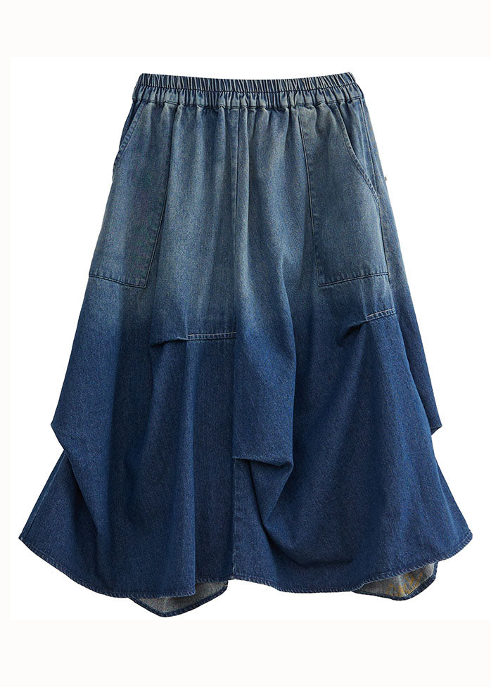 Stylish Blue Wrinkled Asymmetrical Pockets Patchwork Denim Skirts