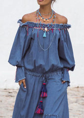 Stylish Blue Wrinkled Patchwork Drawstring Denim Dress Lantern Sleeve