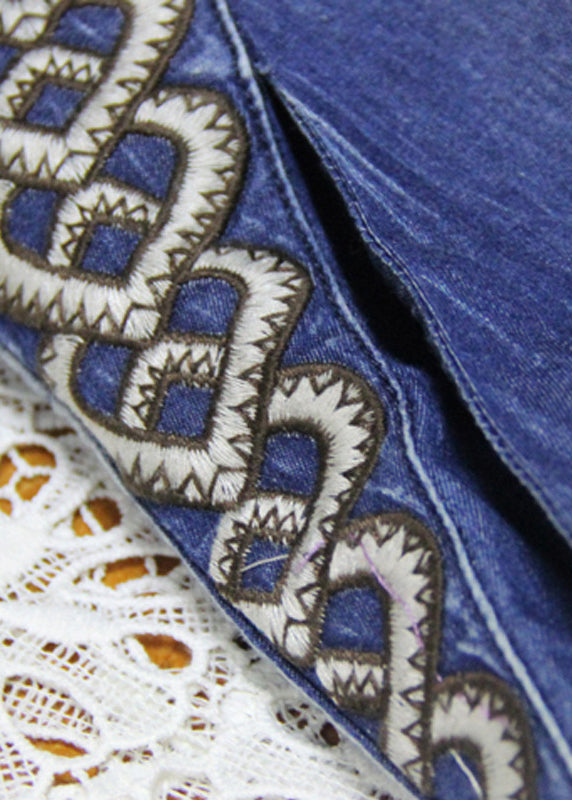 Stylish Blue wrinkled Embroideried Spaghetti Strap Cotton Denim Dresses