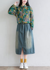 Stylish Colorblock Peter Pan Collar Patchwork Print Denim Dress
