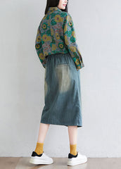 Stylish Colorblock Peter Pan Collar Patchwork Print Denim Dress