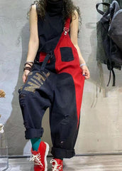 Stilvolle Colorblock-Jumpsuits mit Spaghettiträgern aus zerrissenem Denim