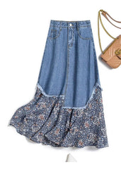 Stylish Denim Blue Asymmetrical Patchwork Print Button Pockets Maxi Skirt