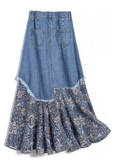 Stylish Denim Blue Asymmetrical Patchwork Print Button Pockets Maxi Skirt