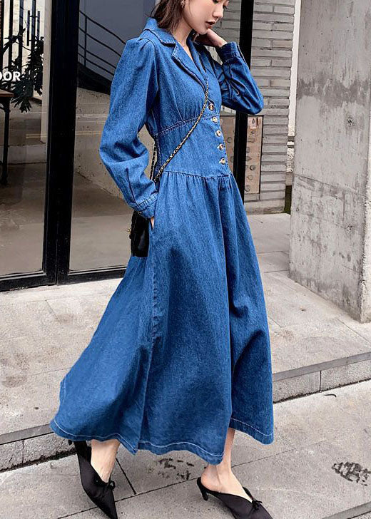 Stylish Denim Blue Cinched Patchwork Elastic Waist Long Dresses