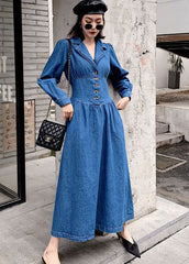 Stylish Denim Blue Cinched Patchwork Elastic Waist Long Dresses