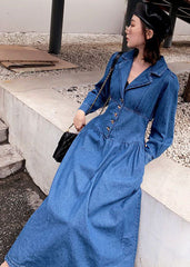 Stylish Denim Blue Cinched Patchwork Elastic Waist Long Dresses