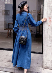 Stylish Denim Blue Cinched Patchwork Elastic Waist Long Dresses