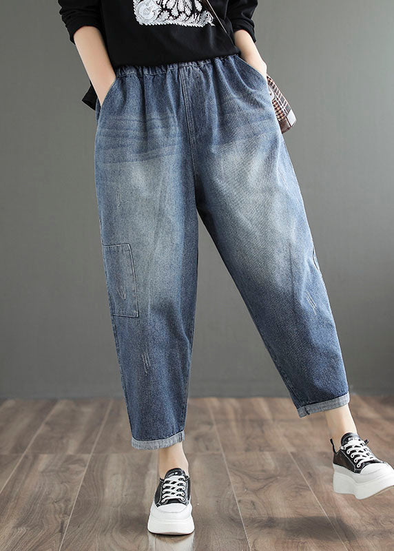 Pantalones harén de algodón con cintura elástica, bolsillos y apliques de patchwork en color azul vaquero liso