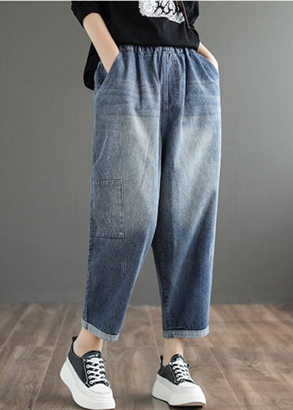 Pantalones harén de algodón con cintura elástica, bolsillos y apliques de patchwork en color azul vaquero liso