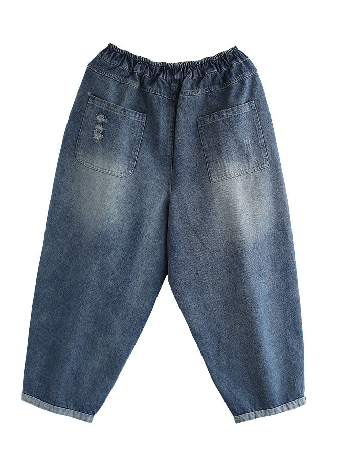 Pantalones harén de algodón con cintura elástica, bolsillos y apliques de patchwork en color azul vaquero liso