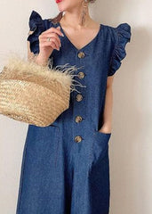 Stylish Denim Blue V Neck Cotton Jumpsuit Wide Leg Pants Butterfly Sleeve