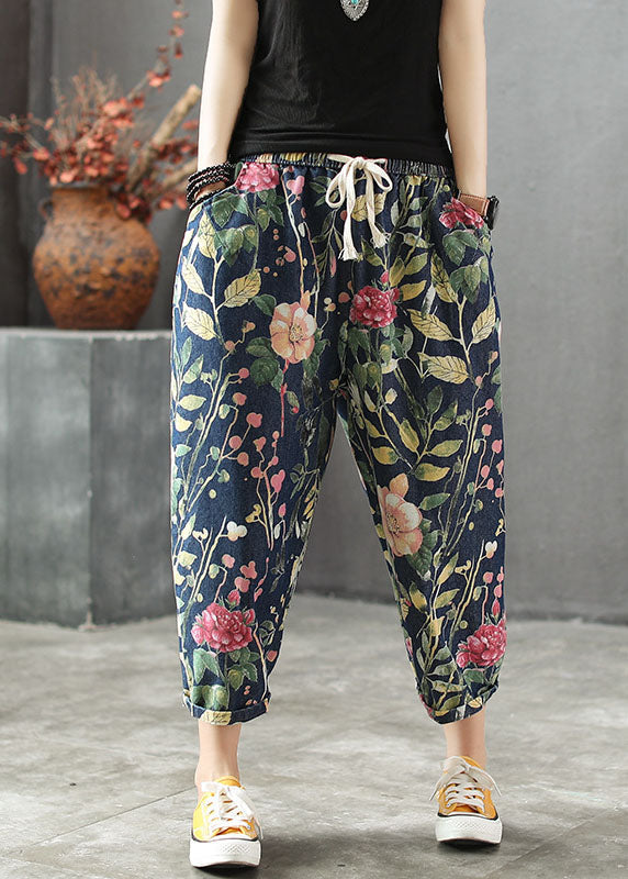 Stylish Drawstring Pockets Print Cotton Denim Pants